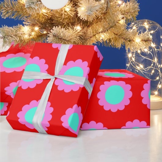 Retro Red Pop Blume Pattern Mod 60er Boho Style Geschenkpapier (Feiertage)
