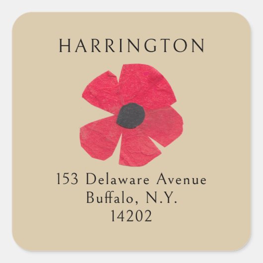 Retro Red Poppy Brown Rücksendeadresse des mittler Quadratischer Aufkleber (Vorderseite)