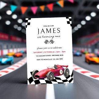 Retro Red Race Car Checkered Flags 1. Geburtstag Einladung