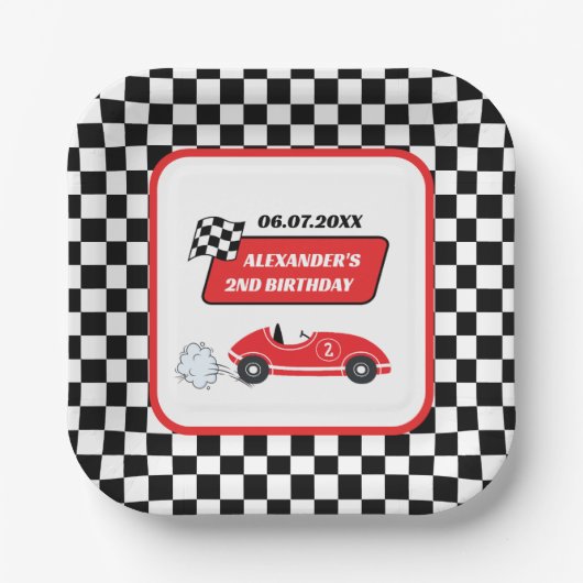 Retro Red Race Rennfahrer Junge 2. Geburtstag Pappteller (Vorderseite)