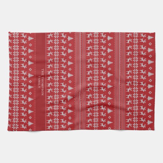 Retro Red Reindeer Monogram Nostalgic Christmas Geschirrtuch (Horizontal)
