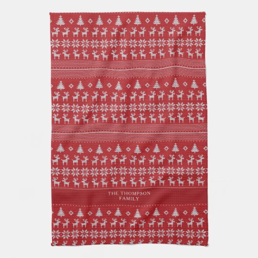 Retro Red Reindeer Monogram Nostalgic Christmas Geschirrtuch (Vertikal)