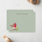 Retro Red Robin Hand-Illustrated Sage Green Mitteilungskarte (Vorderseite/Rückseite Beispiel)