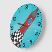 Retro Red Rocket Ship in Space Galactic Große Wanduhr (Winkel)