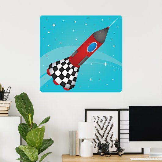 Retro Red Rocket Ship in Space Galactic Poster (Heimbüro)