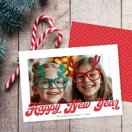 Retro Red Script Happy New Year One Photo Feiertagskarte