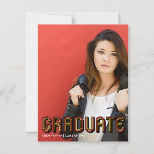 Retro Red Script Unique Graduate Foto Abschluss Ankündigung (Vorderseite)