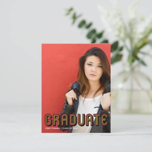 Retro Red Script Unique Graduate Foto Abschluss Ankündigung (Stehend Vorderseite)