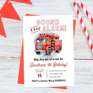 Retro Red Sound the Alarm Fire Truck Geburtstag Einladung