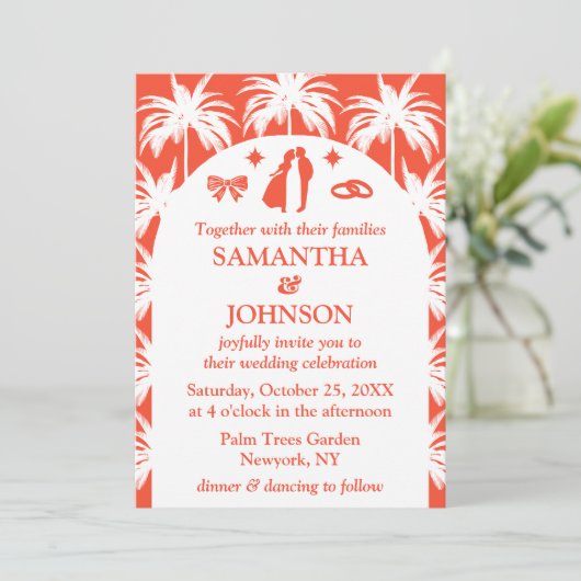 Retro Red Tropical Palm Tree Foto Hochzeit Einladung (Stehend Vorderseite)