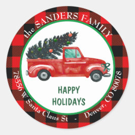 Retro Red Truck2 Weihnachtsbaum Rücksendeadresse Runder Aufkleber