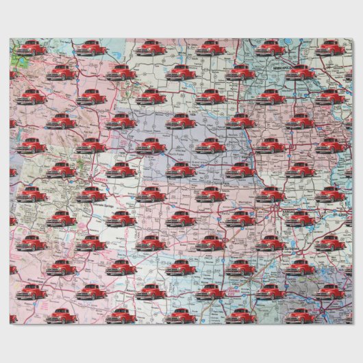 Retro Red Truck auf Roadmap Geschenkpapier (Flach)