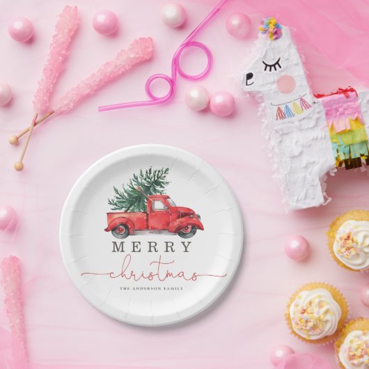 Retro Red Truck & Christmas Pine Tree Pappteller (Party)
