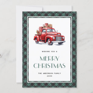 Retro Red Truck Green Kariert Frohe Weihnachtskart Feiertagskarte