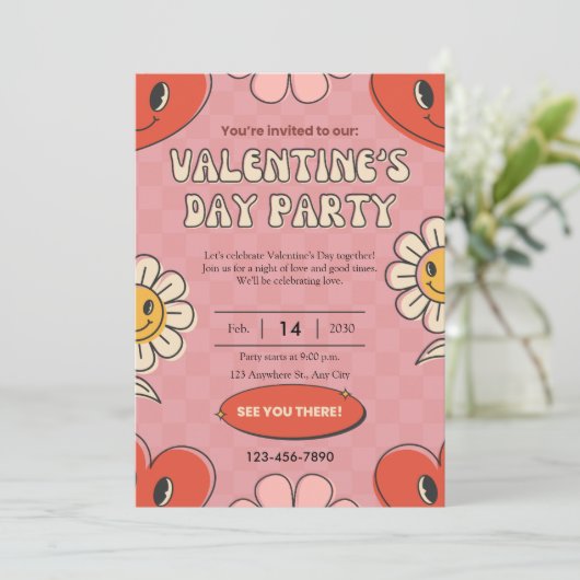 Retro Red Valentine Day Party Einladung (Stehend Vorderseite)