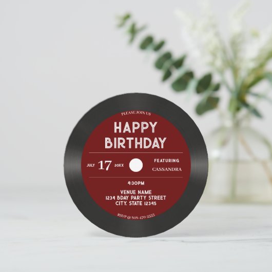 Retro Red Vinyl Record Black Happy Birthday Party Einladung (Stehend Vorderseite)