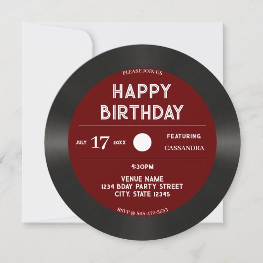 Retro Red Vinyl Record Black Happy Birthday Party Einladung (Vorderseite)
