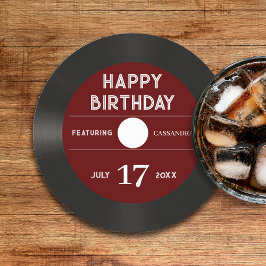 Retro Red Vinyl Record Black Happy Birthday Party Runder Pappuntersetzer