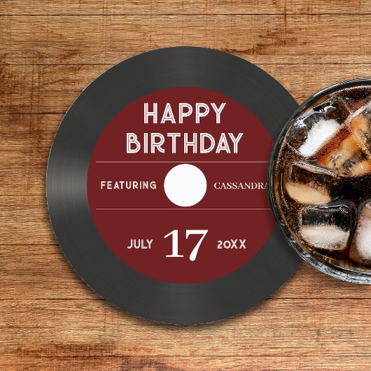 Retro Red Vinyl Record Black Happy Birthday Party Runder Pappuntersetzer