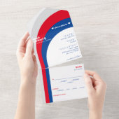 Retro Red White & Blue Curved Arch Stripe Wedding All In One Einladung (Abreißen)