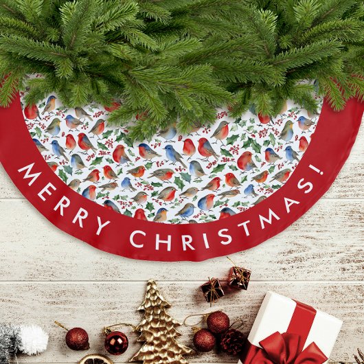 Retro Red White Christmas Robin Watercolor Muster Polyester Weihnachtsbaumdecke