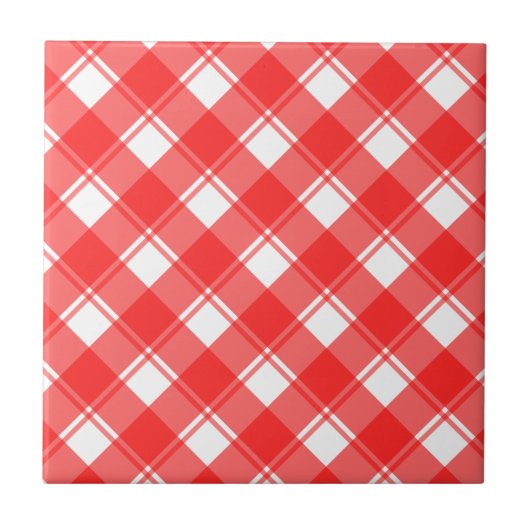 Retro Red White Kariert Stripes Muster Tile Fliese (Vorderseite)