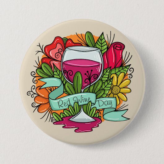 Retro Red Wine Day, fruchtiger Blumenwein Button (Vorderseite)