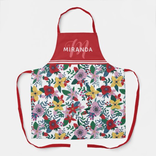 Retro Red Yellow Pink Floral Patterns Monogramm Schürze (Vorderseite)
