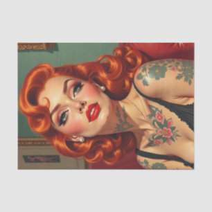 Retro Redhead Button-Up mit Tattoos Decoupage Seidenpapier