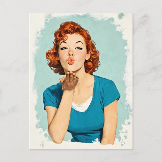 Retro Redhead Sending Sweet Kiss Postkarte (Vorderseite)