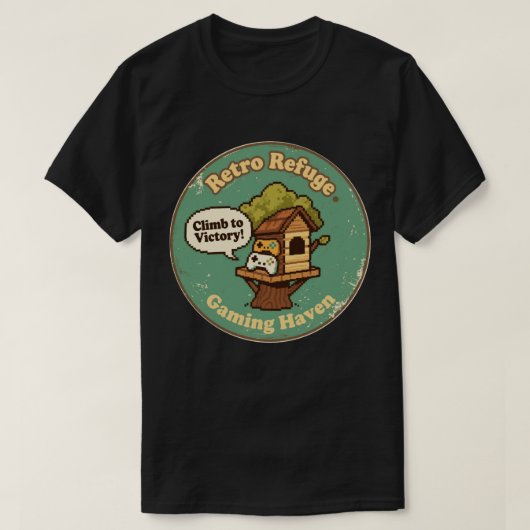 Retro Refuge Gaming Haven Pixel Treehouse T-Shirt (Design vorne)