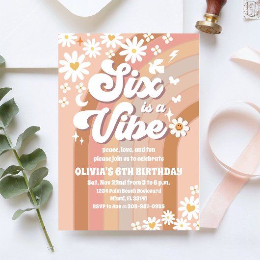 Retro Regenbogen 6. Geburtstagseinladung Einladung