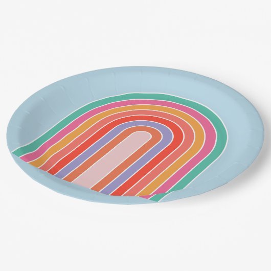 Retro-Regenbogen-farbiges Blau Pappteller (Schrägansicht)