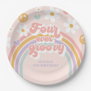 Retro Regenbogen Four Ever Groovy 4. Geburtstag Pappteller