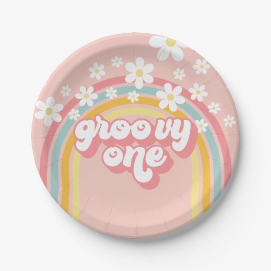 Retro-Regenbogen-Groovy-Erstes-Geburtstag Pappteller (Vorderseite)