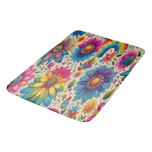 Retro-Regenbogen-Hippie-Blumenmuster Badematte (Schrägansicht)