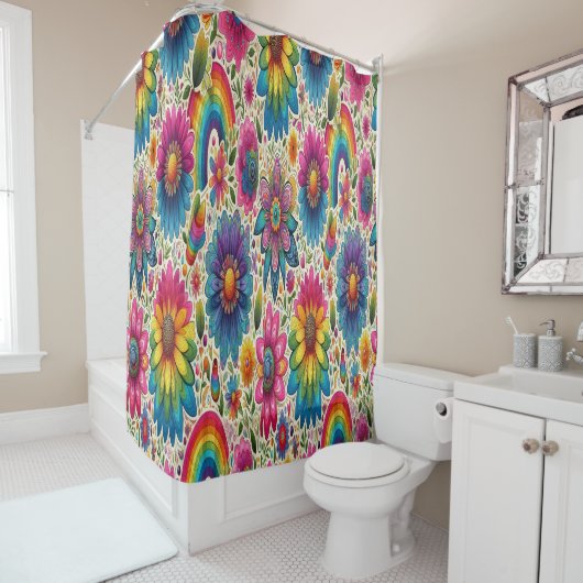 Retro-Regenbogen-Hippie-Blumenmuster Duschvorhang (Beispiel)