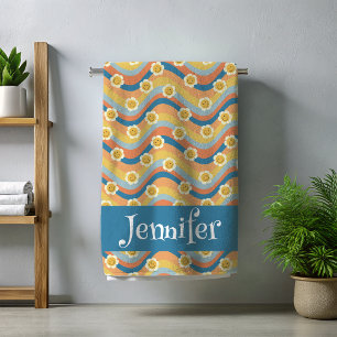 Retro-Regenbogen-Smiley-Gesicht-Blumen  Strandtuch