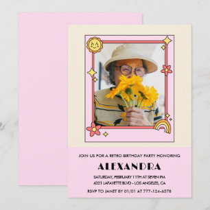 Retro-Regenbogen-Sonne Foto Rosa 98. Geburtstag Einladung