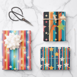 Retro-Regenbogen-Streifen und -Stars - farbenfrohe Geschenkpapier Set