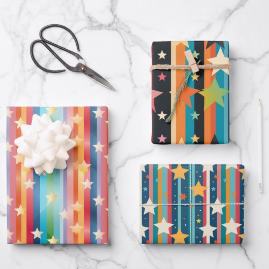 Retro-Regenbogen-Streifen und -Stars - farbenfrohe Geschenkpapier Set (Vorderseite)