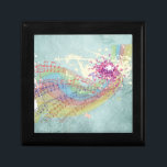 Retro-Regenbogen und Musiknoten auf einer Shabby-T Erinnerungskiste<br><div class="desc">Dieses aufregende musikalische Themenbild ist ein trendiges Retro-Design eines pastellfarbenen Regenbogens mit dunkelfarbigen Musiknoten auf Stücken von Notenmusik,  die nach außen explodieren. Schmetterlinge und Spritzer scheinen aus der Mitte auszubrechen. Der Hintergrund ist verblasst,  dunkelgrün,  Vintag,  schattige Grunge-Textur mit verblasster Handschrift. Es wäre ein phantastischer Kauf für Musikfans aller Art.</div>