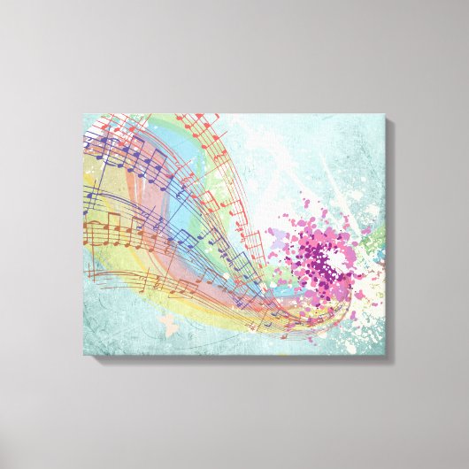 Retro-Regenbogen und Musiknoten auf einer Shabby-T Leinwanddruck (Vorderseite)