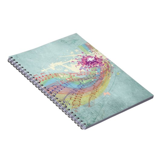 Retro-Regenbogen und Musiknoten auf einer Shabby-T Notizblock (Rechte Seite)