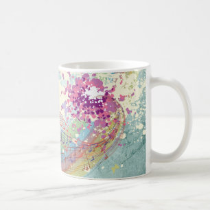 Retro-Regenbogen und Noten auf einer schäbigen Tex Kaffeetasse