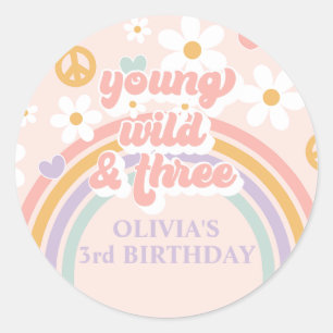 Retro-Regenbogen Young Wild Drei 3. Geburtstag Runder Aufkleber