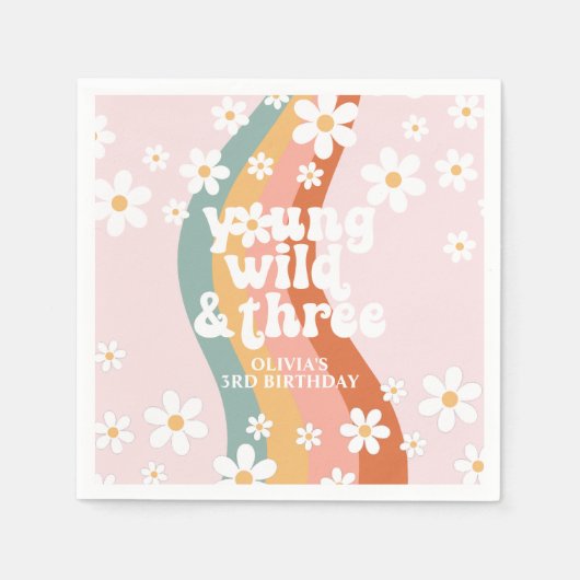 Retro Regenbogen Young Wild Three Daisy Serviette (Vorderseite)
