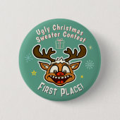 Retro Reindeer Ugly Christmas Sweater Wettbewerb 1 Button (Vorderseite)