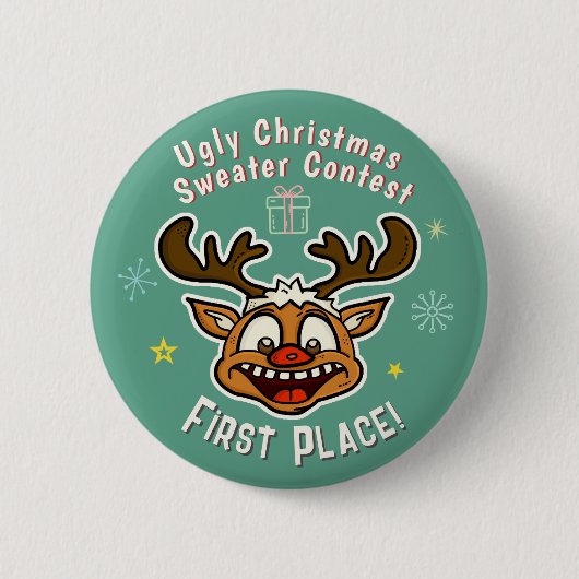 Retro Reindeer Ugly Christmas Sweater Wettbewerb 1 Button (Vorderseite)