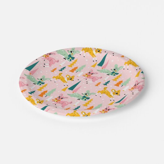 Retro Reindeer Wonderland Urlaubsmuster Pappteller (Schrägansicht)